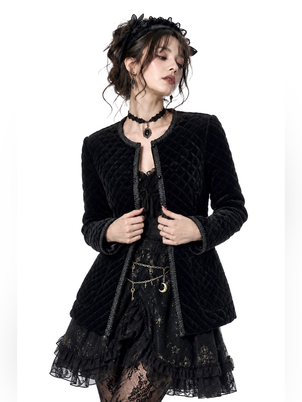Vintage Black Velvet Quilted Jacket Whimsigoth Witchy Old Money Castlecore Moody